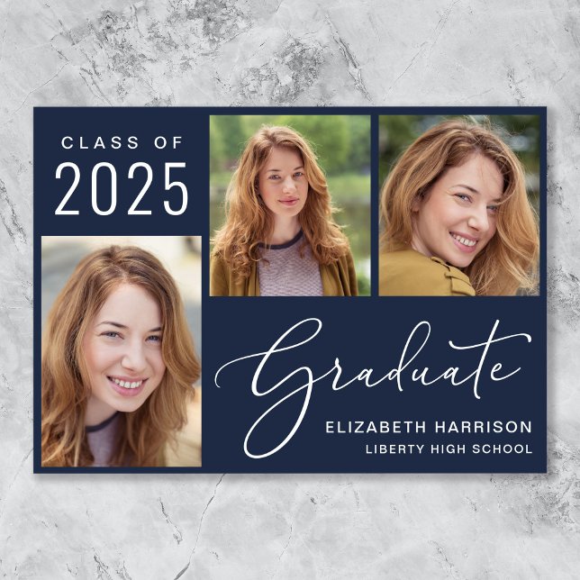 Faire-part Script photo moderne Bleu Graduation (Cherish the milestone: share your graduate's achievement with a custom photo graduation announcement)