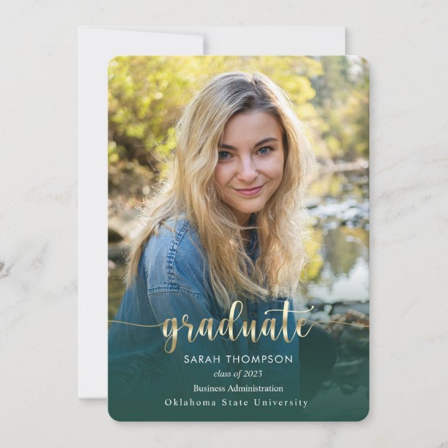 Faire-part Script tendance Gold Green Photo Collage Graduatio (Devant)