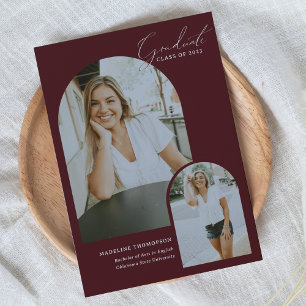 Faire-part Script Whimsical Burgundy Arch Photo Graduation