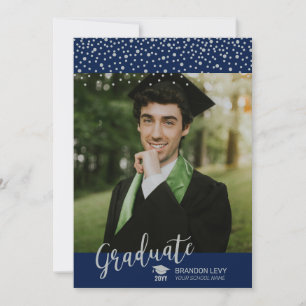 Faire-part Silver & Navy Blue Confetti Photo Graduation