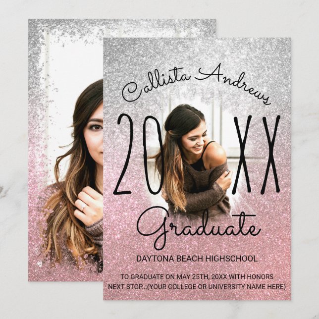 Faire-part Silver Rose Gold Parties scintillant Ombre Photo G (Devant / Derrière)