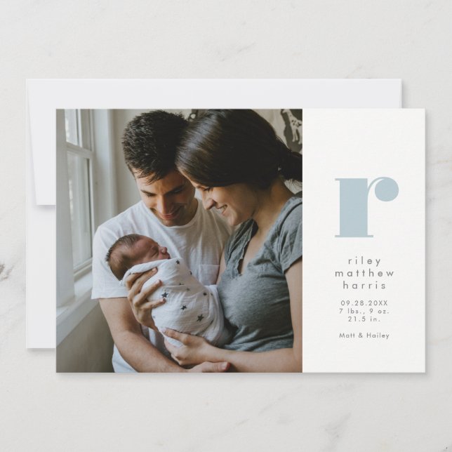 Faire-part Simple annonce de naissance bleu classique initial (Devant)