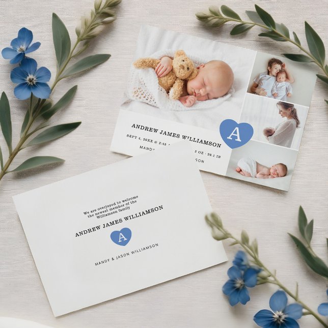 Faire-part Simple bébé garçon photo Collage bleu Monogramme C (Simple Baby Boy Photo Collage Blue Monogram Heart Announcement)