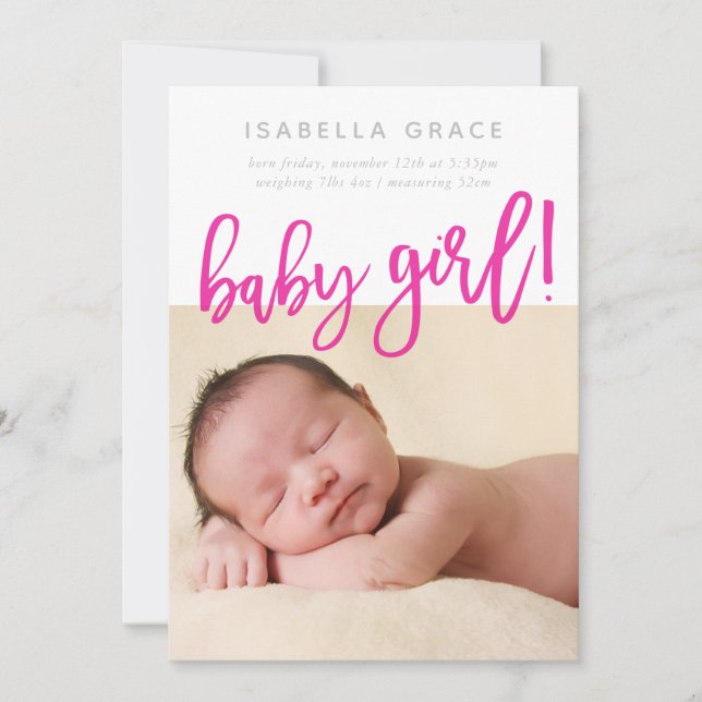 Faire-part SIMPLE BÉBÉ PHOTO moderne fille rose écriture écri (Devant)