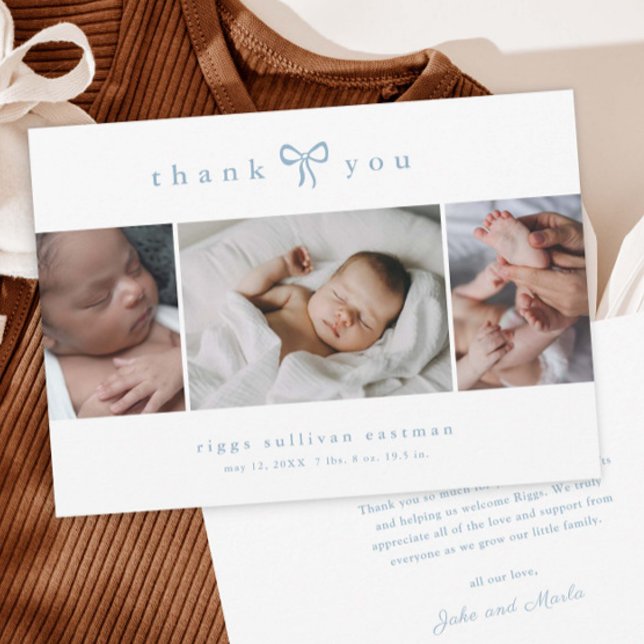 Faire-part Simple Bow Boy Photo Collage Baby (Simple bow 3 photo collage baby announcement cards.)