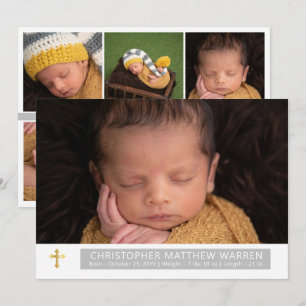 Faire-part Simple Elegant White Grey Cross Photo Collage bébé