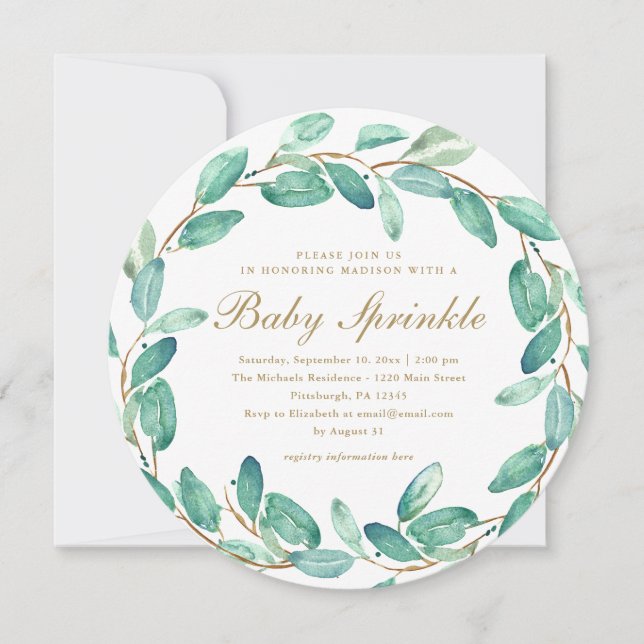 Faire-part Simple Eucalyptus Feuilles Baby Sprinkle Invitatio (Devant)