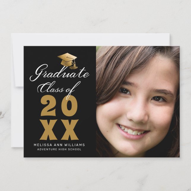 Faire-part Simple Graduation Photo Black Gold Script 2025 (Devant)