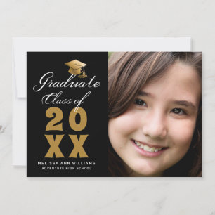 Faire-part Simple Graduation Photo Black Gold Script 2025