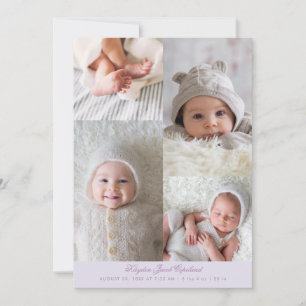 Faire-part Simple grille de photos de naissance lilas
