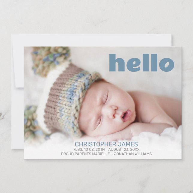 Faire-part Simple Hello Blue Script Blue Back Baby Boy Photo (Devant)
