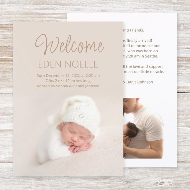 Faire-part Simple Moderne Élégant Script Brown Bébé Fille Nai (Modern, elegant, brown script 2 photo newborn birth announcement flat card. Simple baby photo card.)