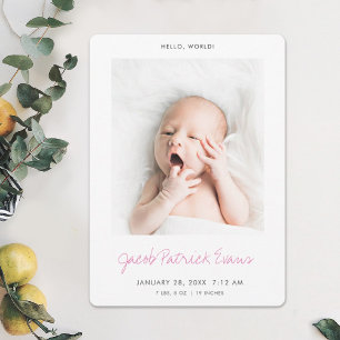 Faire-part Simple moderne Photo Pink Script bébé fille naissa