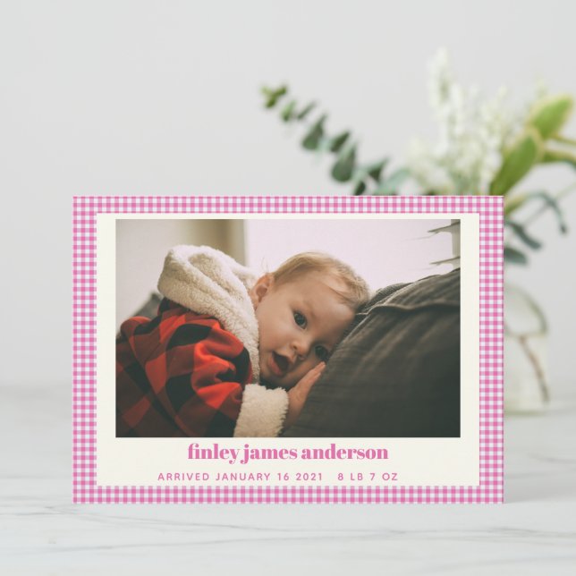 Faire-part Simple Pink Plaid Baby Photo personnalisée Anounc  (Debout devant)