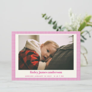 Faire-part Simple Pink Plaid Baby Photo personnalisée Anounc
