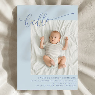Faire-part Simple Script Bleu Mignon Bonjour Bébé Deux Photo 