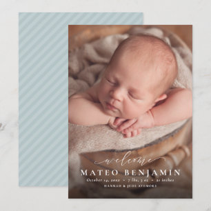 Faire-part Simple script de bienvenue photo de naissance bleu