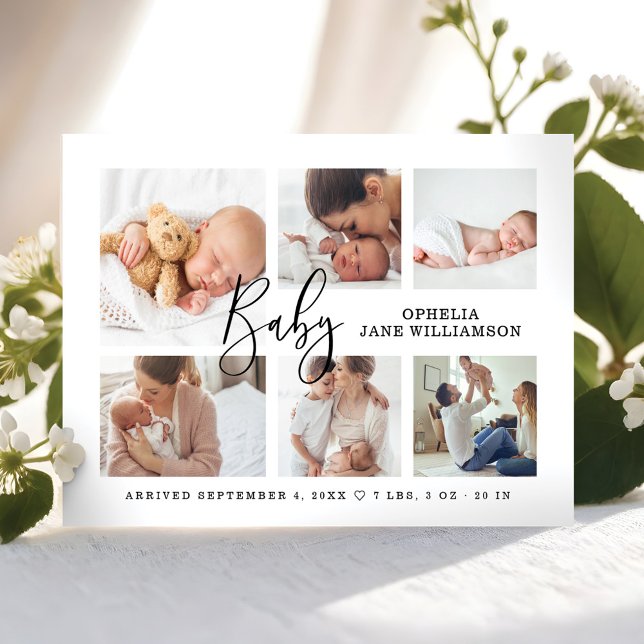 Faire-part Simple Script moderne Bébé Photo Collage Naissance (Simple Modern Script Baby Photo Collage Birth Announcement)