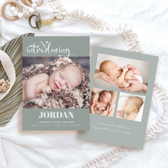 Faire-part Simple Script Moderne Photo Collage Sage Naissance (Créateur téléchargé)
