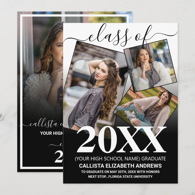 Faire-part Simple White Black Ombre Graduation Photo Collage (Devant / Derrière)