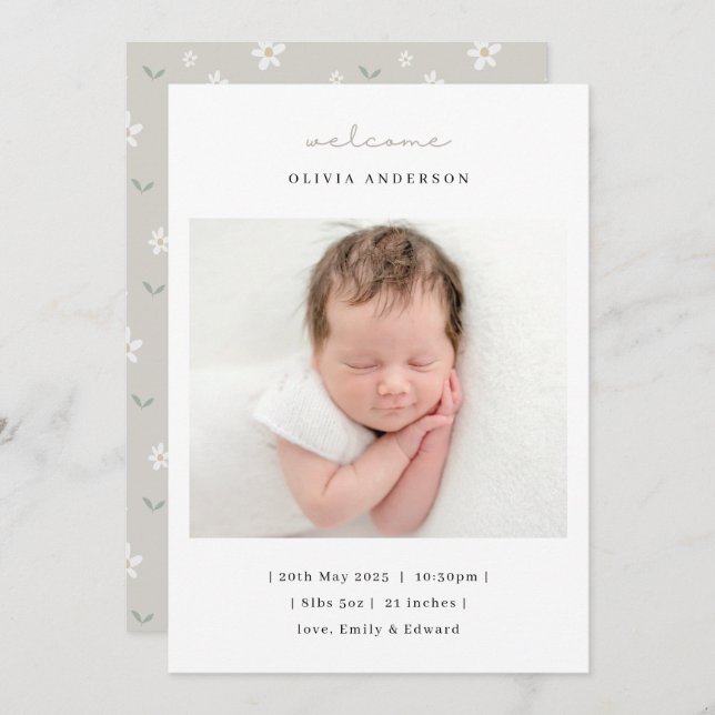 Faire-part Soft Neutral Florals Birth Announcement (Devant / Derrière)