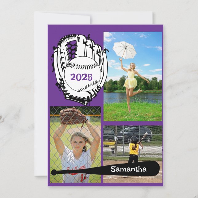 Faire-part Softball/Baseball 3 Photo Collage Purple (Devant)