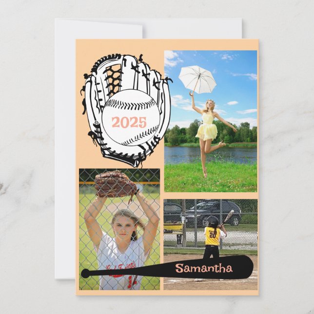 Faire-part Softball/Baseball 3 Photo Collecte Peach (Devant)