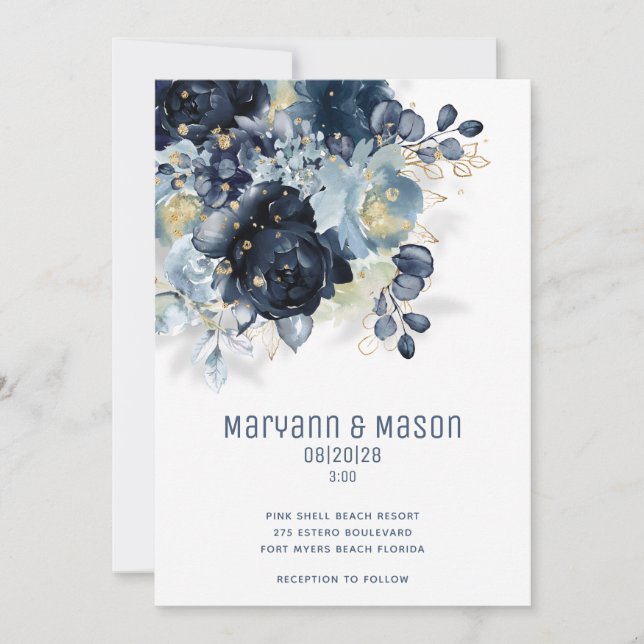 Faire-part Sparkling Navy Gold Dusty Blue Mariage moderne (Devant)