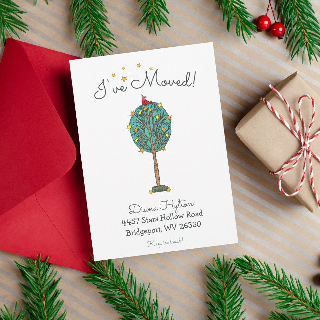 Faire-part Starry Tree and Red Bird Shooting Star Nouvelle ad (Holiday New Address Card)