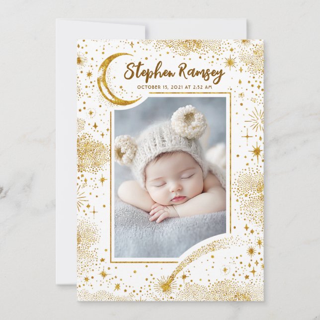 Faire-part Stars Celestial Cute Blanc Photos de nouveau-nés (Devant)