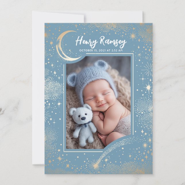 Faire-part Stars Celestial Cute Blue Photos Nouveau-né Naissa (Devant)