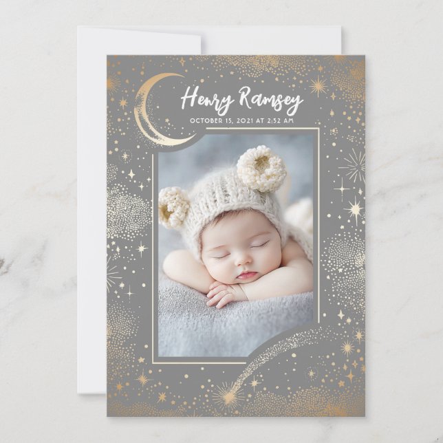 Faire-part Stars Celestial Cute Grey Photos de nouveau-né (Devant)