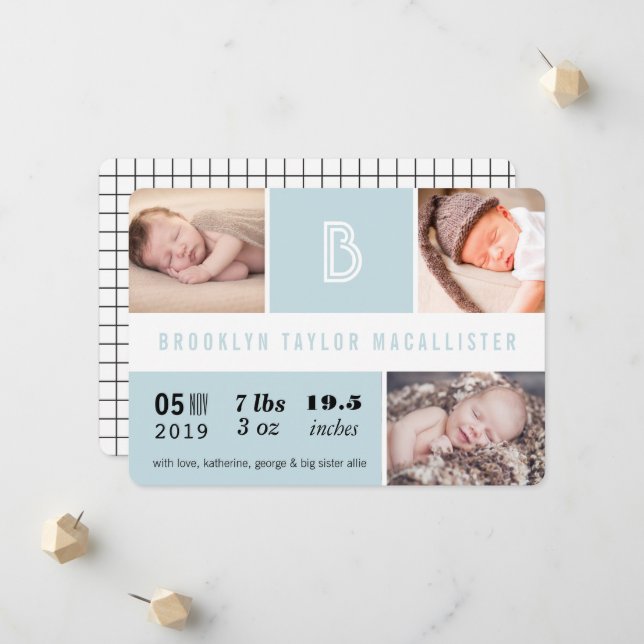 Faire-part Statistiques de bébé Monogramme Bleu Couleur Blocs (Devant/Arrière en situation)