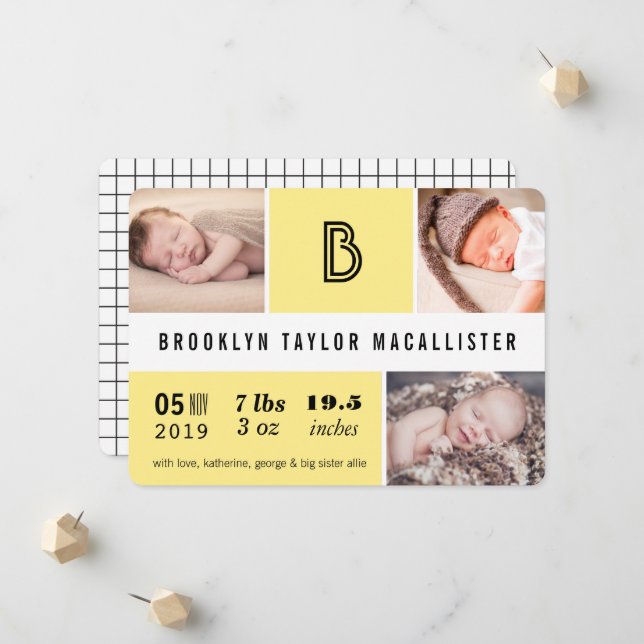 Faire-part Statistiques de bébé Monogramme Couleur jaune Bloc (Devant/Arrière en situation)