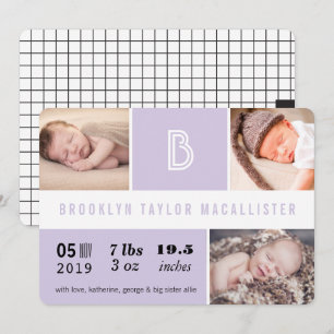 Faire-part Statistiques de bébé Monogramme Couleur violette B