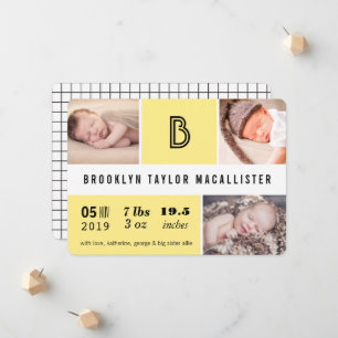 Faire-part Statistiques de bébé Monogramme Jaune Bloc de coul