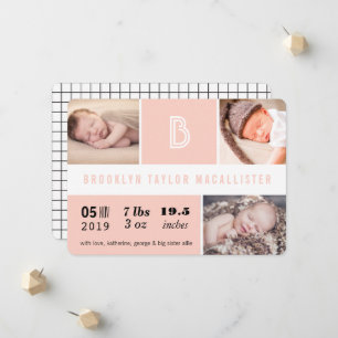 Faire-part Statistiques de bébé Monogramme rose Couleur Blocs