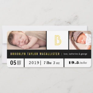 Faire-part Statistiques de bébé simples Jaune Monogramme 2 Ph