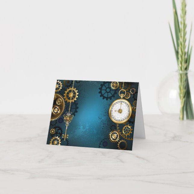 Faire-part Steampunk Arrière - plan turquoise avec Gears (Devant)