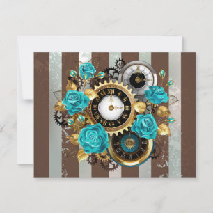 Faire-part Steampunk Clock and Turquoise Roses on Striped