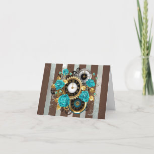 Faire-part Steampunk Clock and Turquoise Roses on Striped