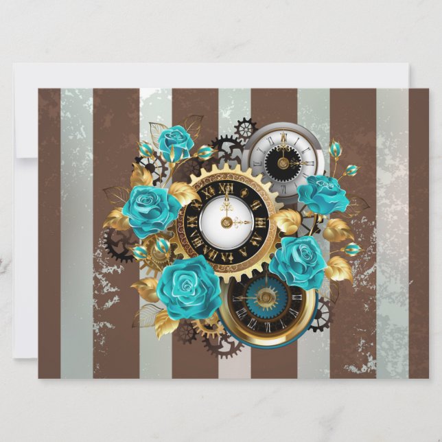 Faire-part Steampunk Clock and Turquoise Roses on Striped (Devant)