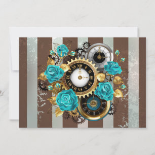 Faire-part Steampunk Clock and Turquoise Roses on Striped