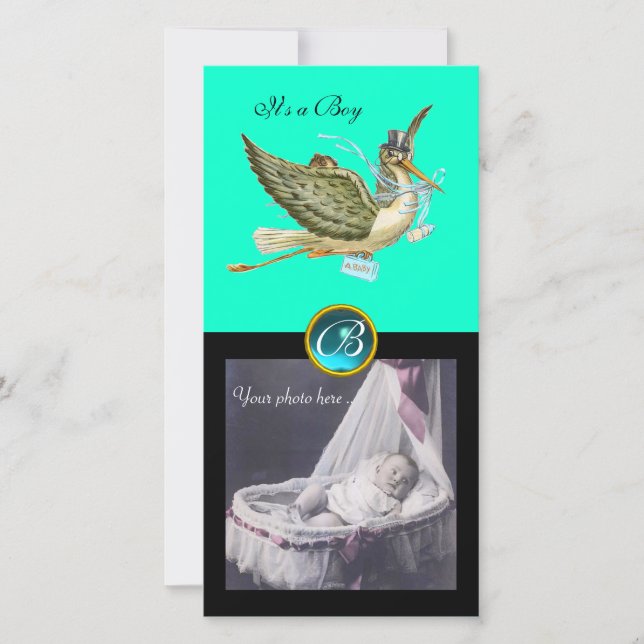 Faire-part STORE BABY SHOWER CARRÉ MONOGRAM, aquamarine (Devant)