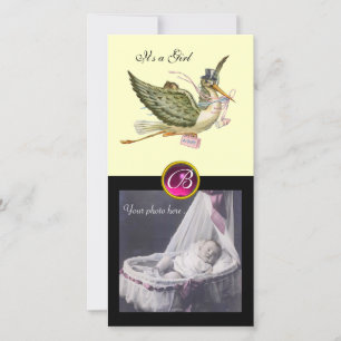Faire-part STORK BABY SHOWER CARRÉ MONOGRAM crème rubis