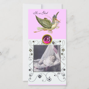 Faire-part STORK BABY SHOWER SWIRLS MONOGRAMME ruby blanc