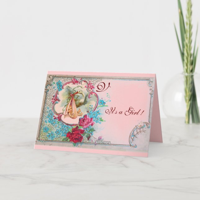 FAIRE-PART STORK BÉBÉ FILLE DOUCHE ROSE ROSE ROSE ROSE, FLEUR (Devant)