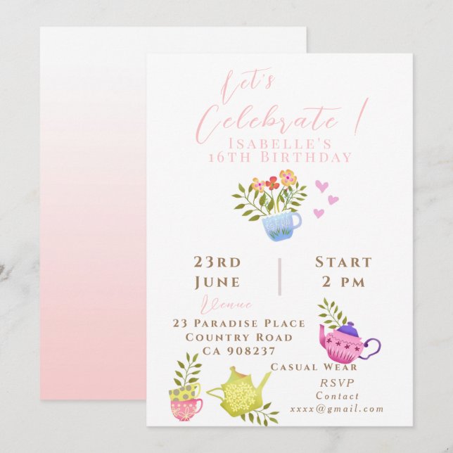 Faire-part Teapots et tasses Anniversaire (Devant / Derrière)