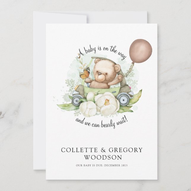 Faire-part Teddy Bear Sage Brown Peut Attendre La Grossesse U (Devant)