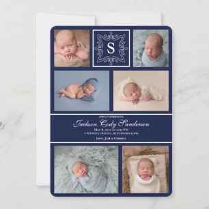 Faire-part Téléchargeable numérique Baby Boy Navy Monogramme